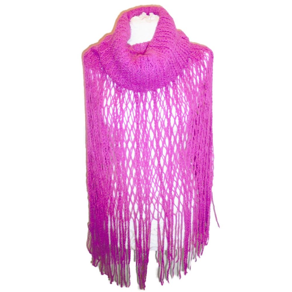 Neck Warmer Tube Scarf Poncho Pink Fishnet Long Fringe See through one size